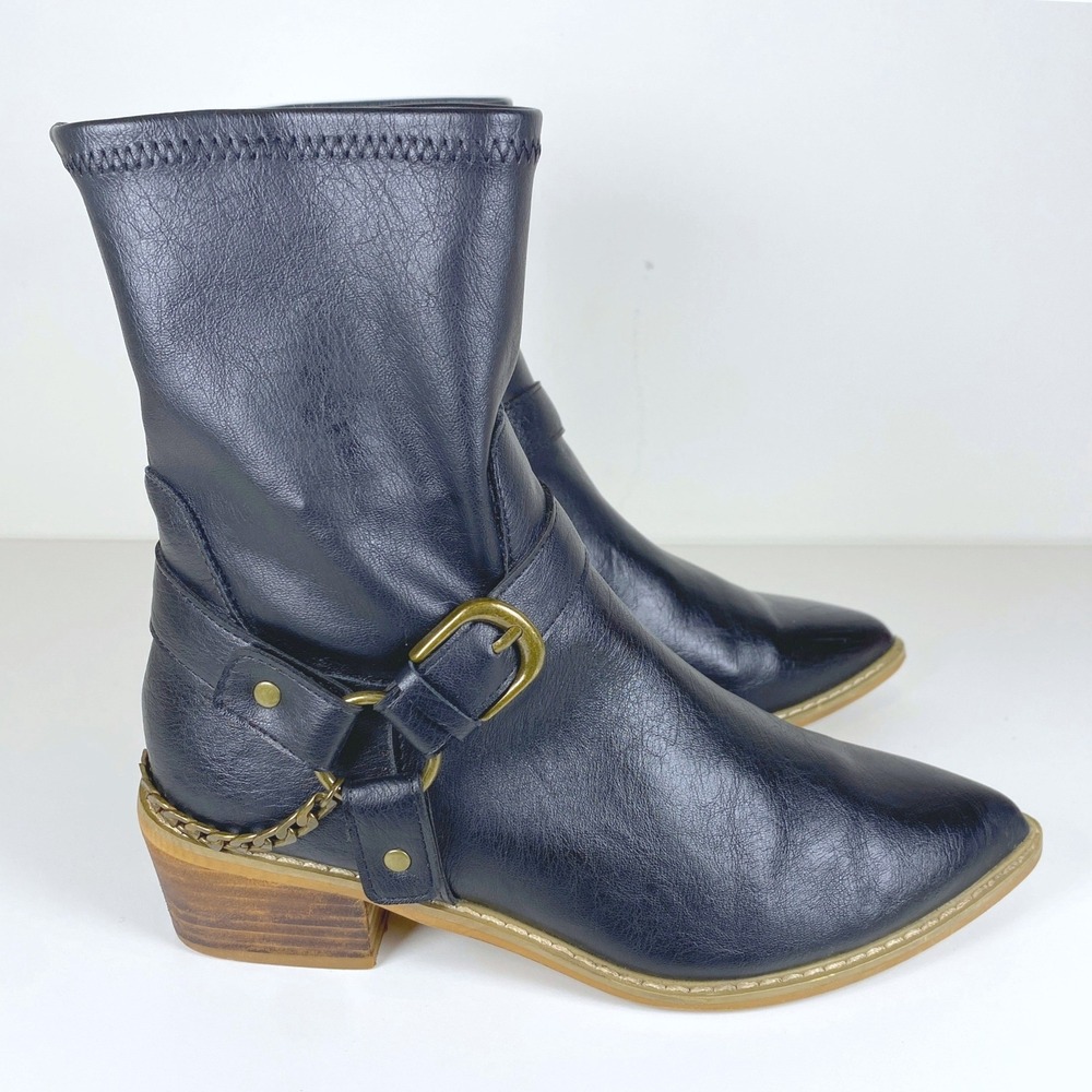 TOMS Western Harness Ankle Boots Womens 7 Black Chain Buckle Pointed Toe